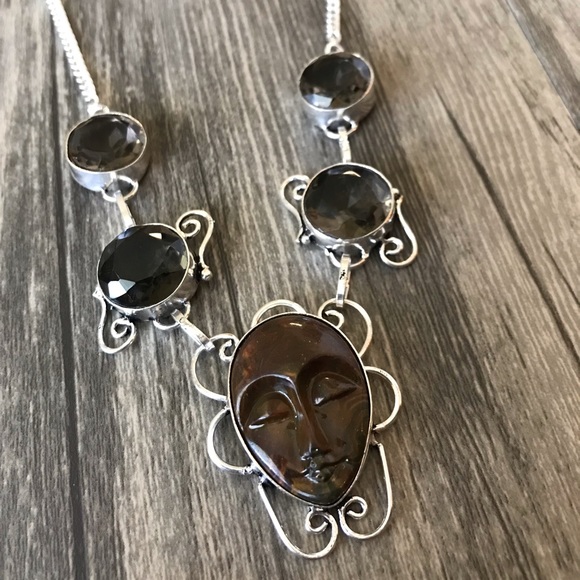 handcrafted in Jaipur India Jewelry - Creek Jasper Carved Goddess 925 Silver Necklace